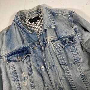 PacSun Men's Distressed Denim Jacket M‎ – Checkered Lining, Medium Wash